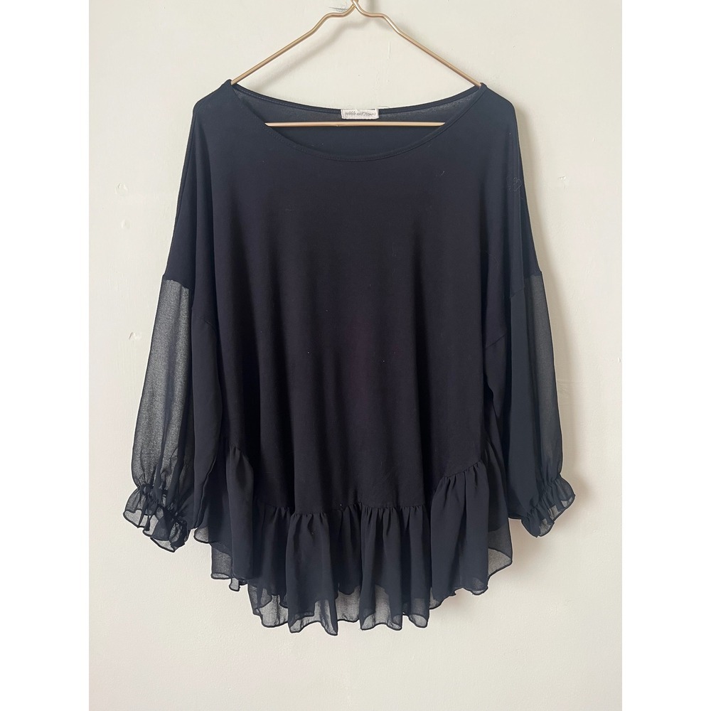 Pebble and Stone Black Sheer Sleeve Ruffle Hem Top Fairycore Grunge neutral M